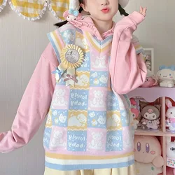 Japanese Cute Bear Plaid Sweater Vest for Girls Lovely Women Winter Knitted Sleeveless Jacket V-neck Coat Winter Kawaii Clothes