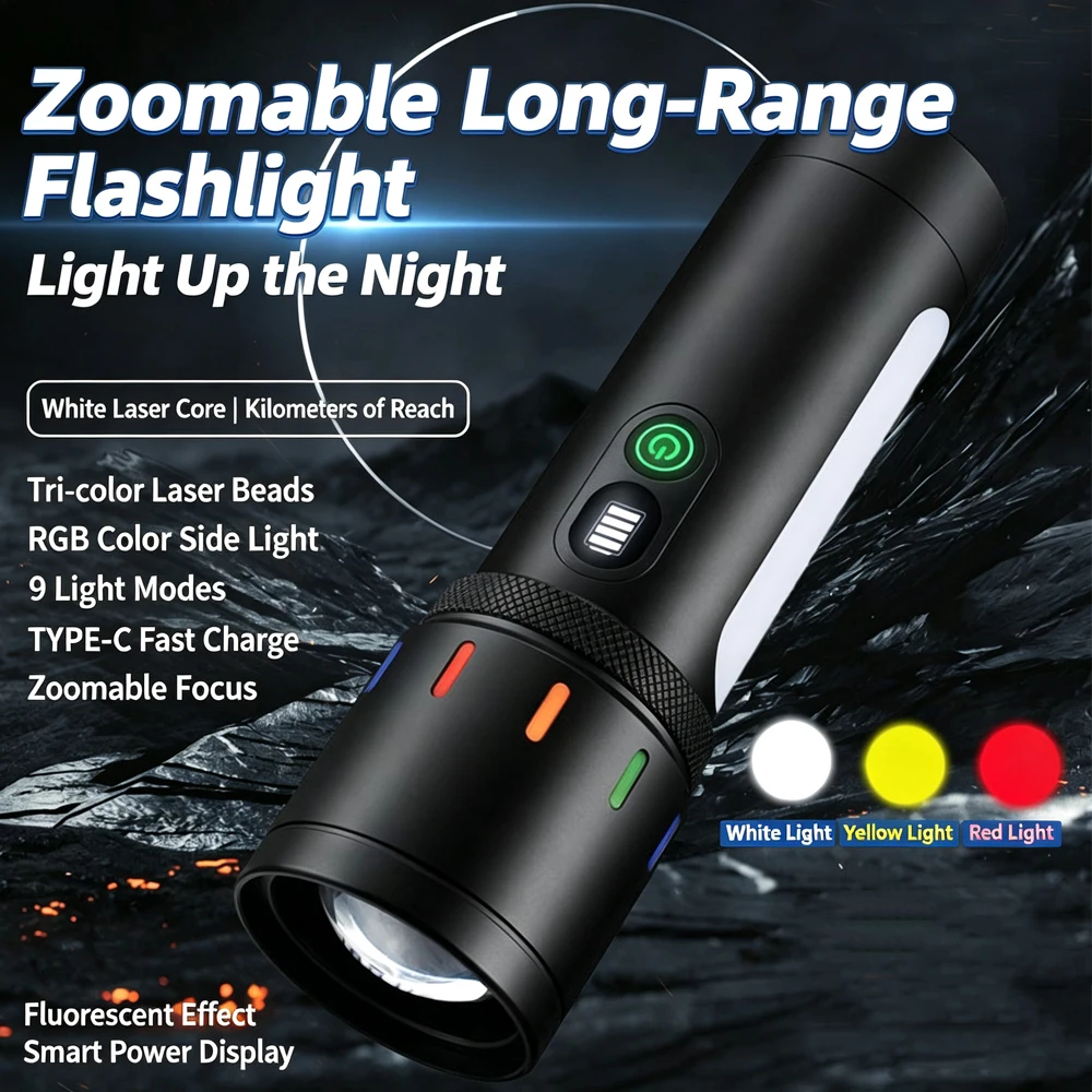 Zoomable Long Range Flashlight High Power LED Torch With COB Side Light Multi Functional Strong Lamp For Camping Work Outdoor