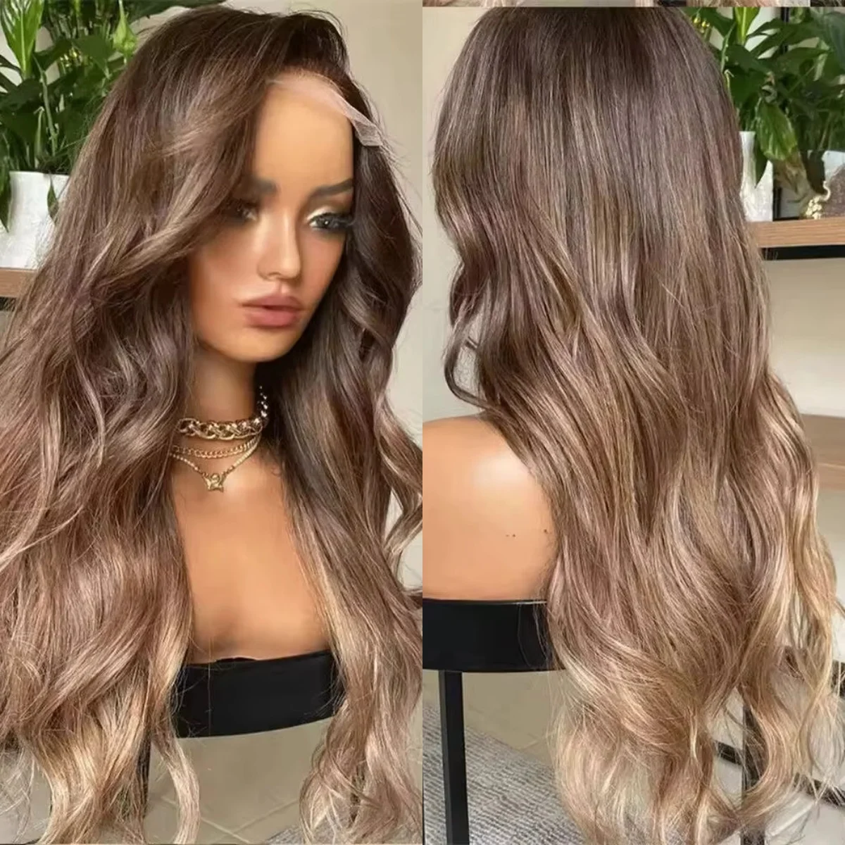 

13*4 High Definition Body Wave Wig Ombre Highlight Chestnut Brown Synthetic Lace Top Wigs High Temperature Silk Costume Woman