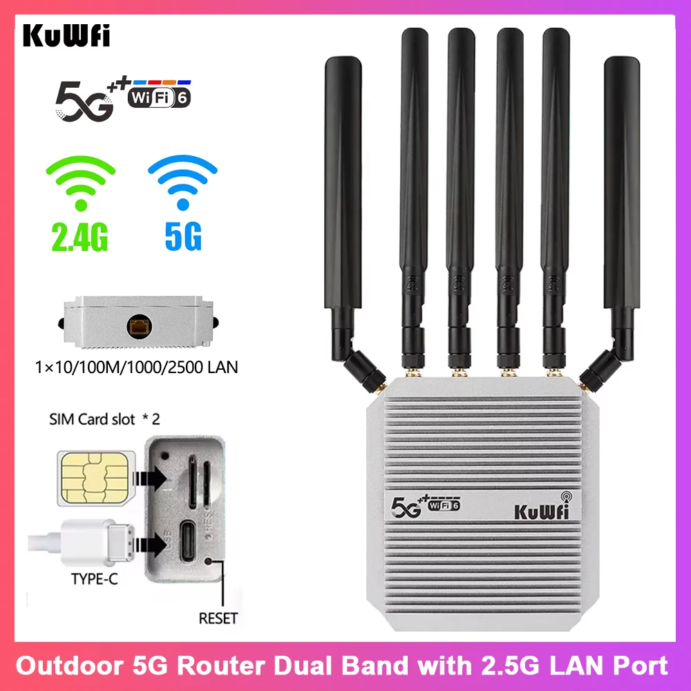 

KuWFi Открытый маршрутизатор 5G 2,4G 5 ГГц WiFi6 Маршрутизатор со съемными антеннами с высоким коэффициентом усиления 2,5G LAN-порт 2 слота для SIM-карты Поддержка 48 В POE