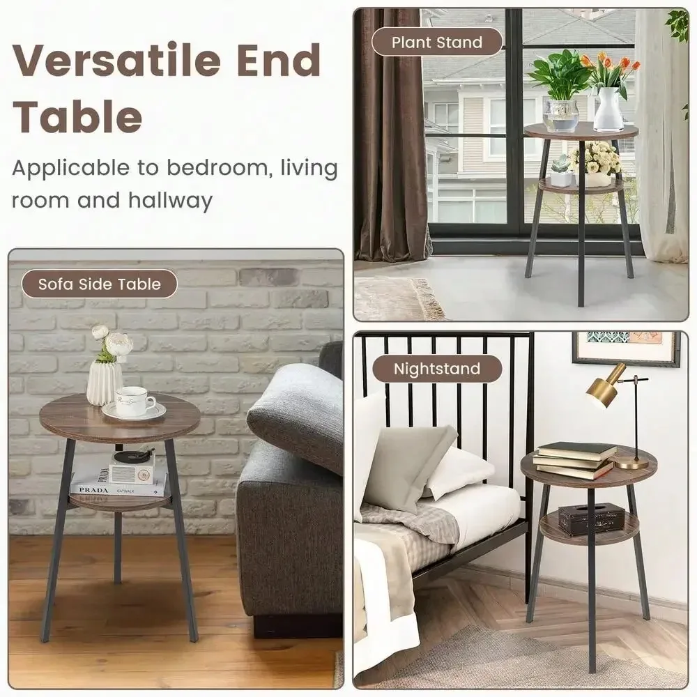 2-Tier Round Nightstand Bedside End Table for Bedroom Living Room Brown