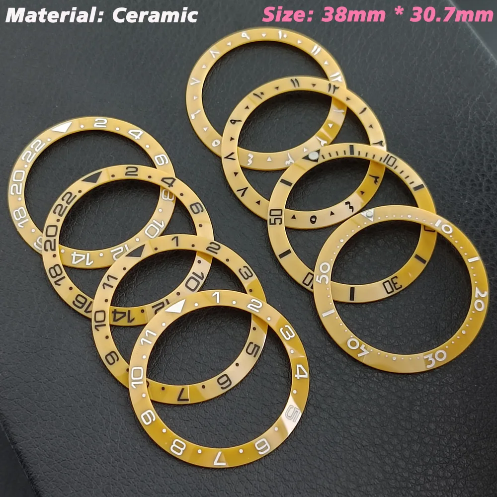 New ceramic bezel 38mm * 30.7mm yellow GMTbezel Arabic bezel suitable for NH35NH36NH34 watch case accessories