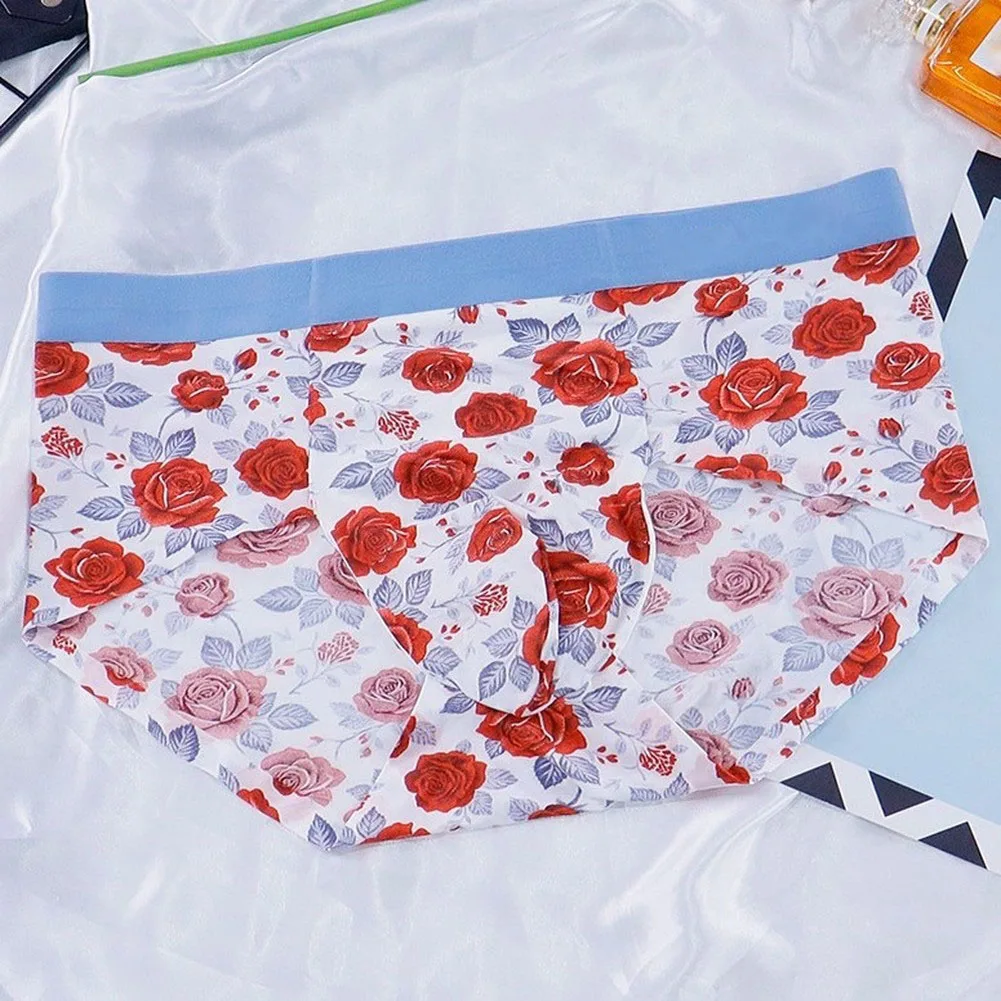 Men Ice Silk Briefs Underwear Bulge Pouch Mid Waist Printed Comfortable Panties Soft Quick Dry Breathable Sexy Panties
