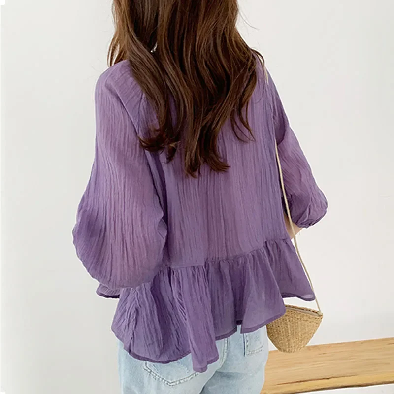 New Summer Loose Women\'s Blouse Silk Korean Sweet Shirt Women 2024 O-Neck Ruffled Pleated Top Short Sleeve Female Clothing 15371