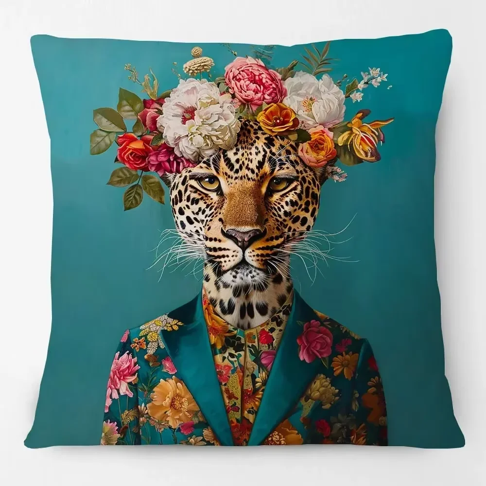 European Vintage Leopard & Wreath Animals Portrait Painting Cushion Covers – Decorative Home Decor Pillow Cases