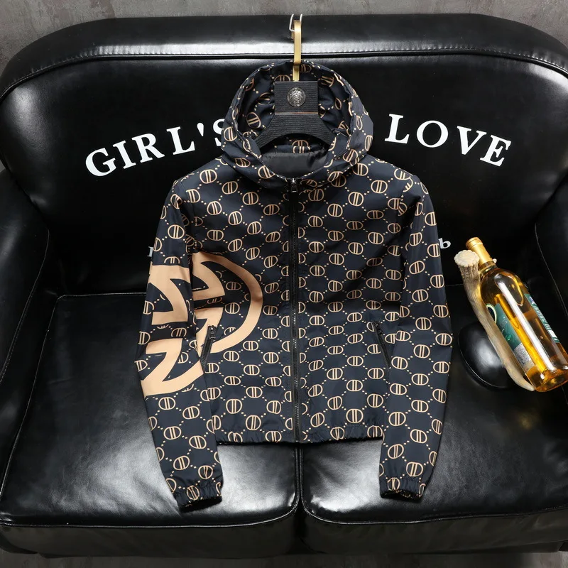 

Cool Men's Spring Autumn Hooded Jaet Printed Trendy Youth Loose Fit Faionable Outerwear Polyester Fiber Long Sve Zippe...