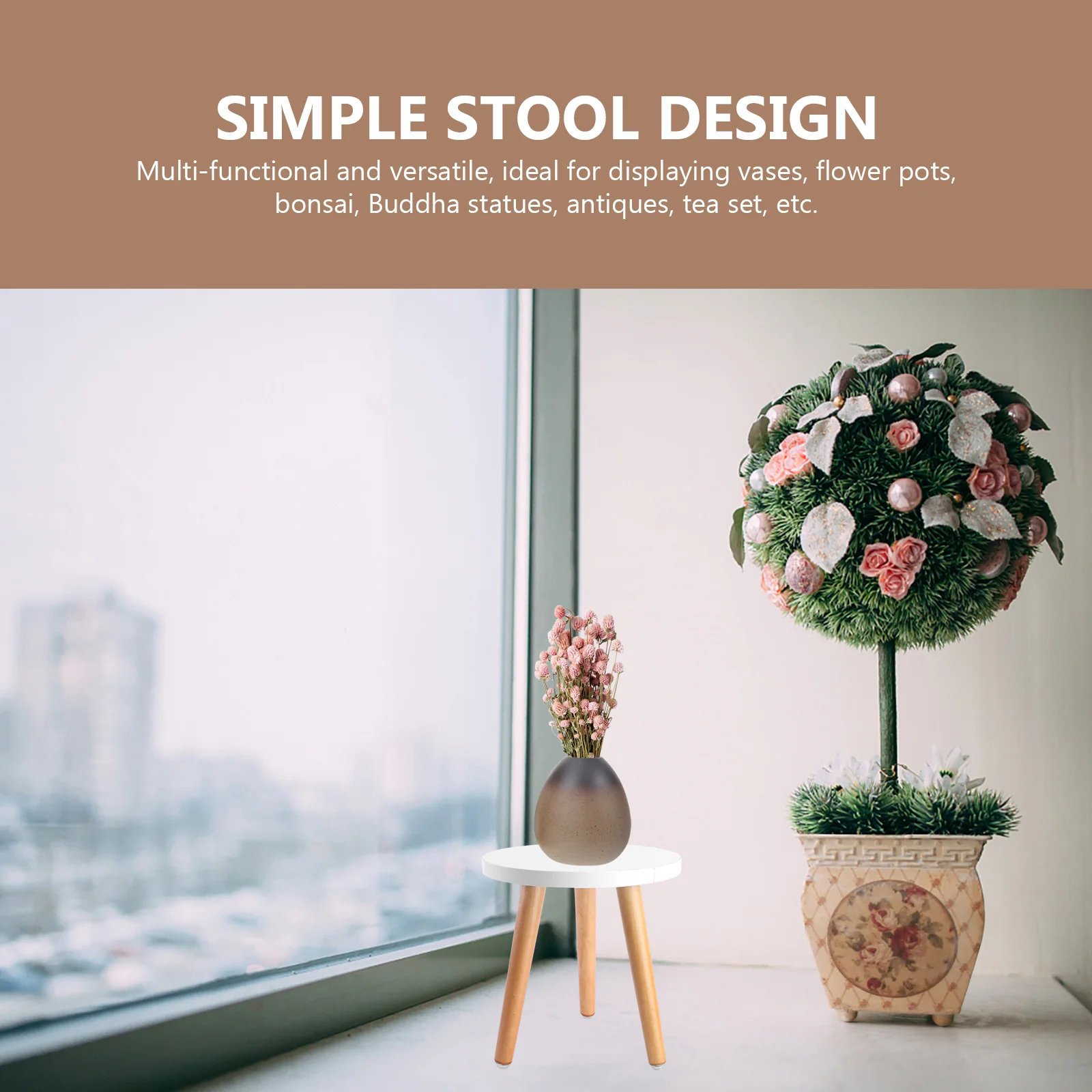 Wooden Stool Display Stand Round Decorative Flower Shelf Bonsai Rack Garden Pot Riser Holder Modern Stand for