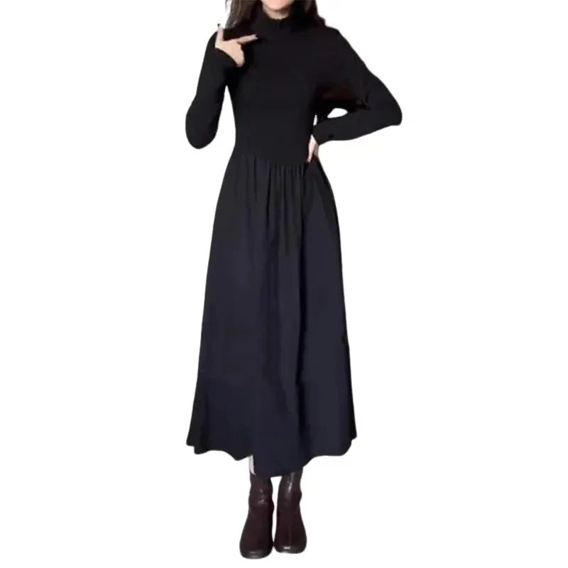 

Female Hepburn Style Black Long Sleeved Knitted Dress Autumn 2023 New Women's Waist Up, Slimming Bottom Long Skirt, A-line Skirt