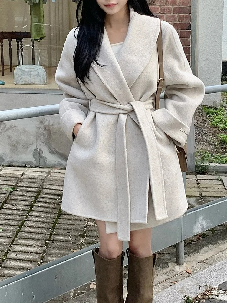 

Ele повседневное шерстяное пальто, женское сетчатое пальто с запахом, верхняя одежда, длинное пальто све для поездок на работу, моющееся пальто небольшого размера