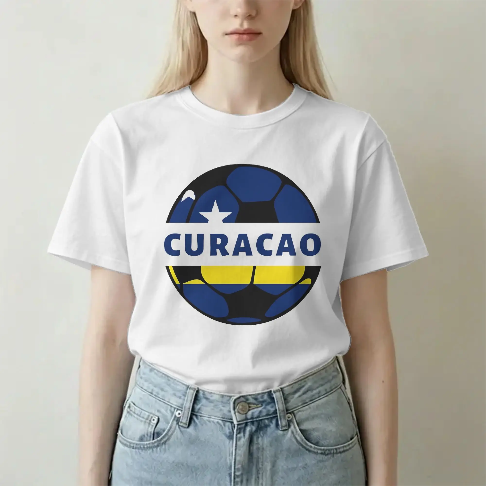 Camiseta da Copa de Futebol Curacao 2026 para Homens e Mulheres, Camisetas Vintage de Algodão Puro, Gola Redonda, Manga Curta, Roupas Plus Size