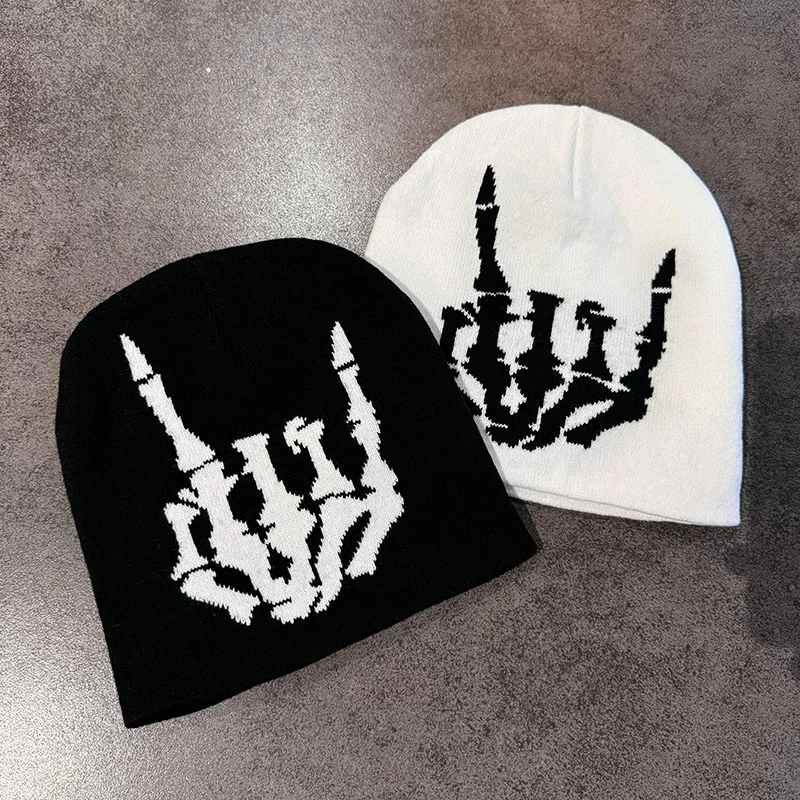 Funny Finger Bones Jacquard Knit Hat Autumu Winter Keep Warm Beanie Women Men Skiing Cold Hat Cycling Skullcap Letter Y2K Hiphop
