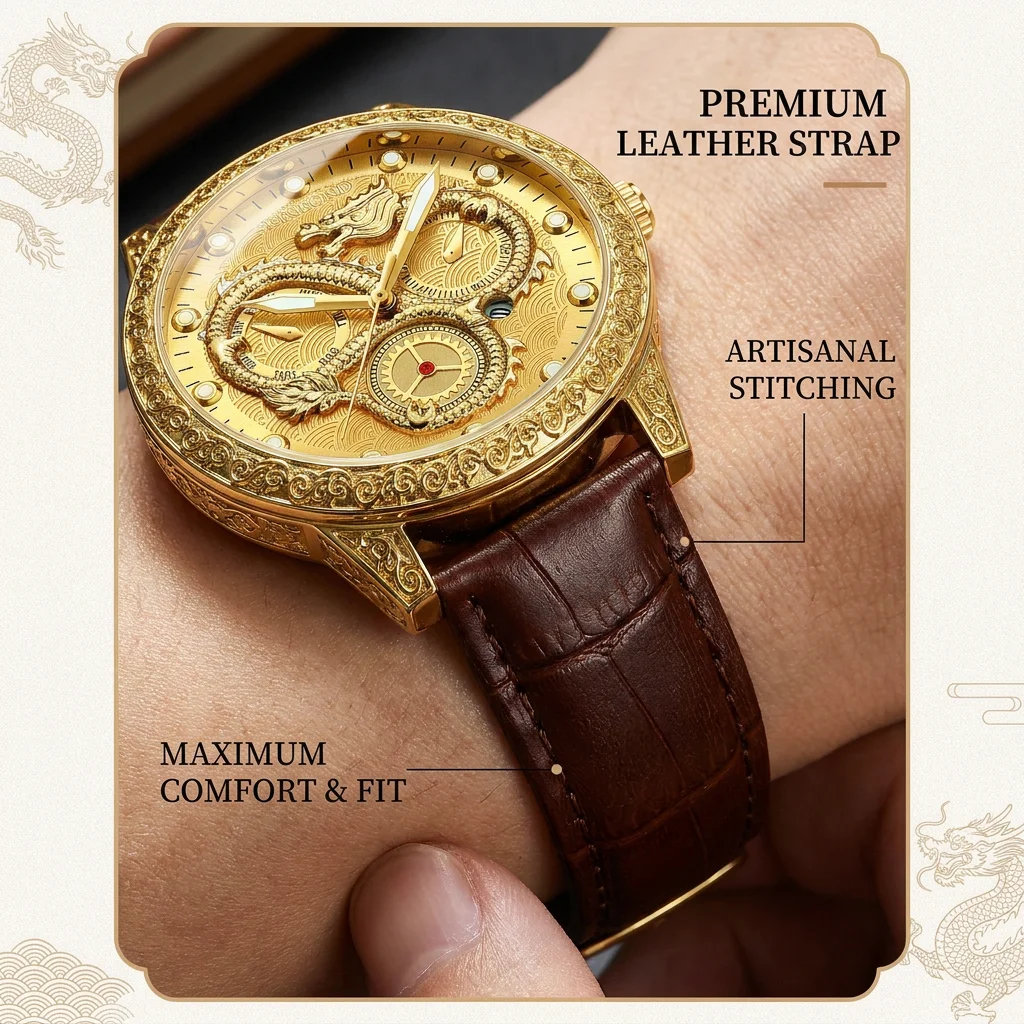 1pcs Men's Fashion Hot-selling Watch 3D Dragon Pattern Design Brown Leather Strap Exquisite Watch Case Date and Day Disp