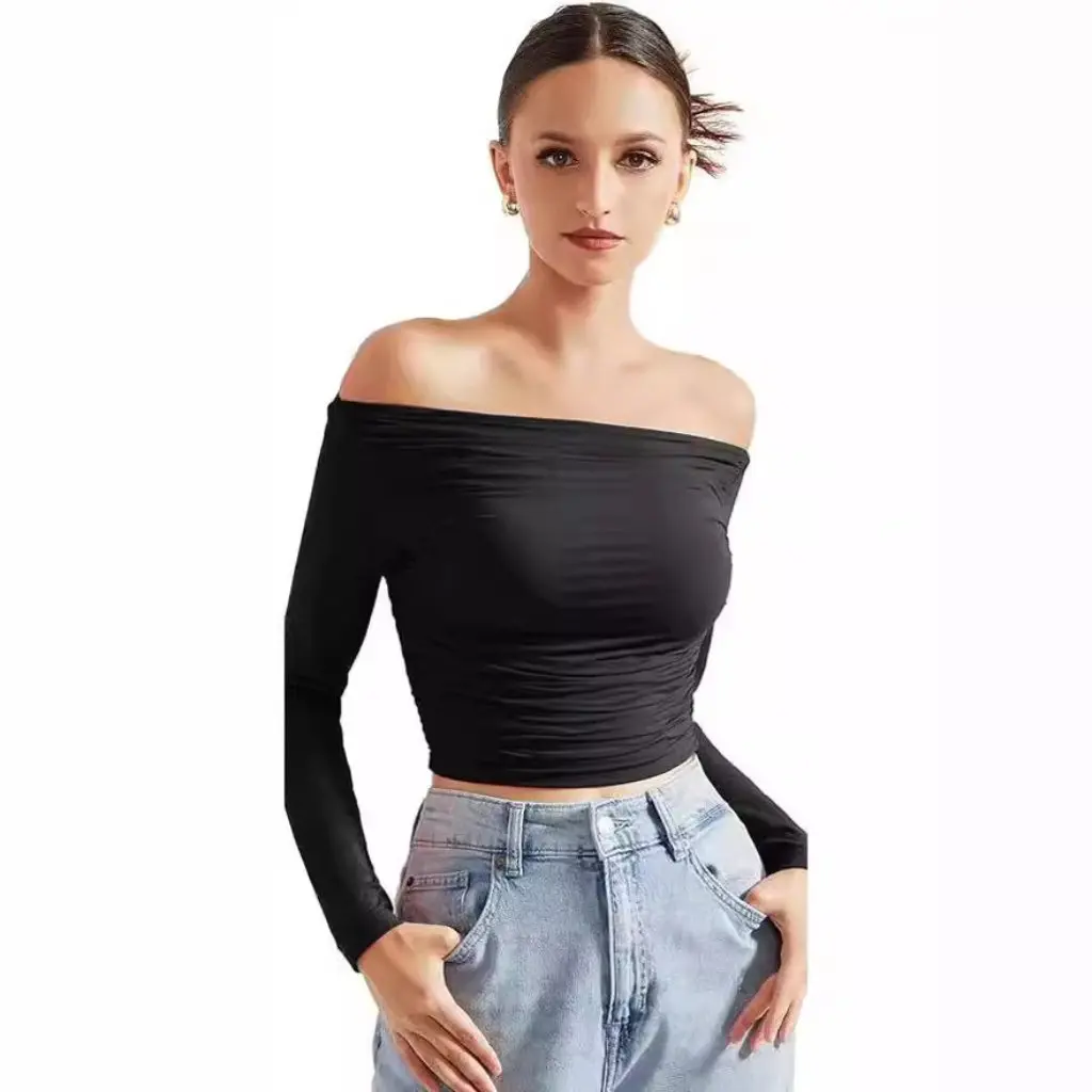 

Women's Long-Sleeved Off-Shoulder Shirt Slim Fit Milk Silk Base Top Slant Shoulder Outer Wear