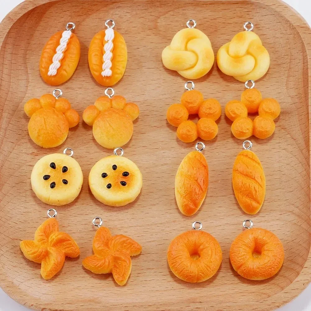 10Pcs Kawaii Simulation Roast Bread & Biscuit Resin Pendant Charms Mini Food DIY Jewelry Making Supplies for Earrings Necklaces