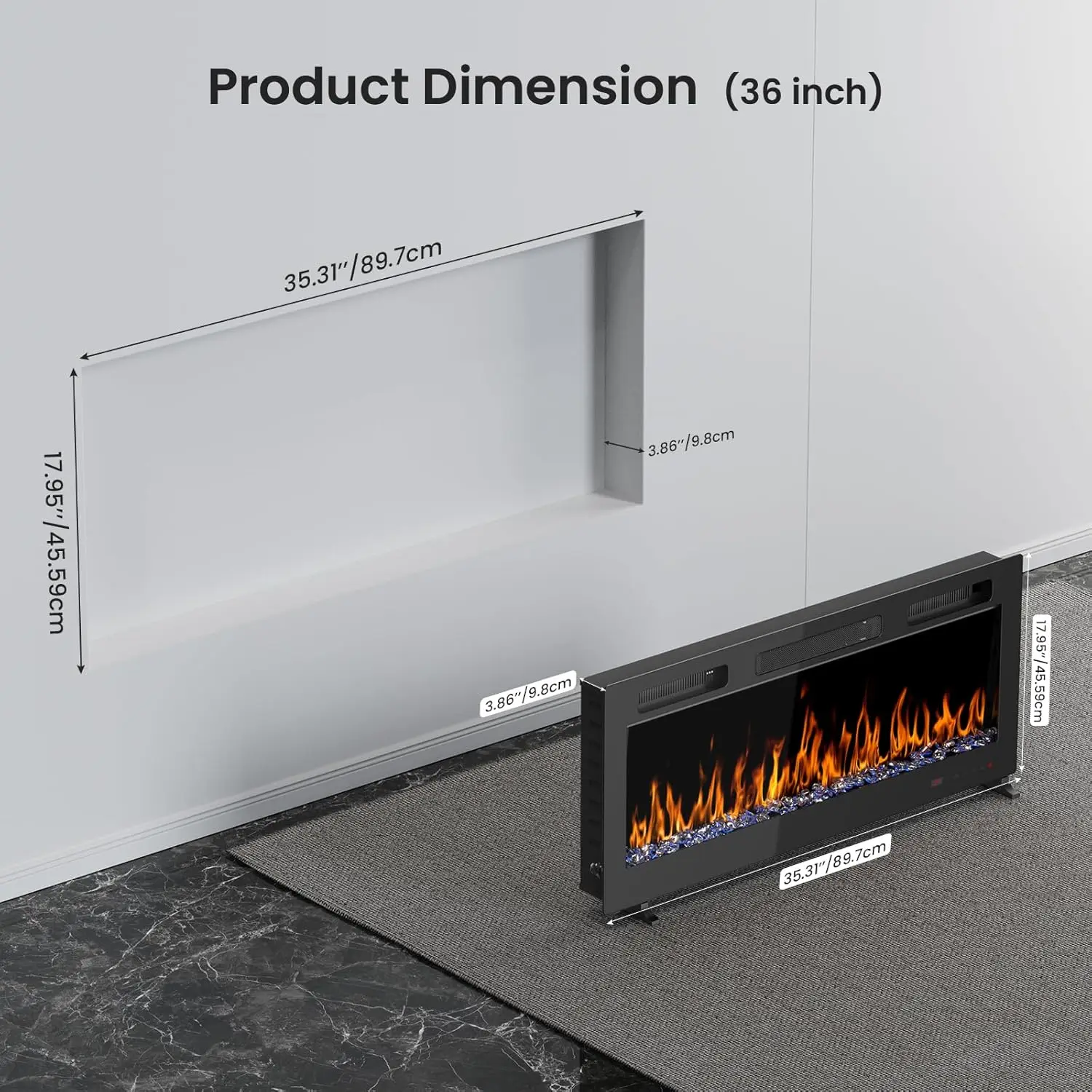 12 Colors Realistic Flame Electric Wall Fireplace Heater 1500w Wall Mounted 12-Hour Programmable Timer