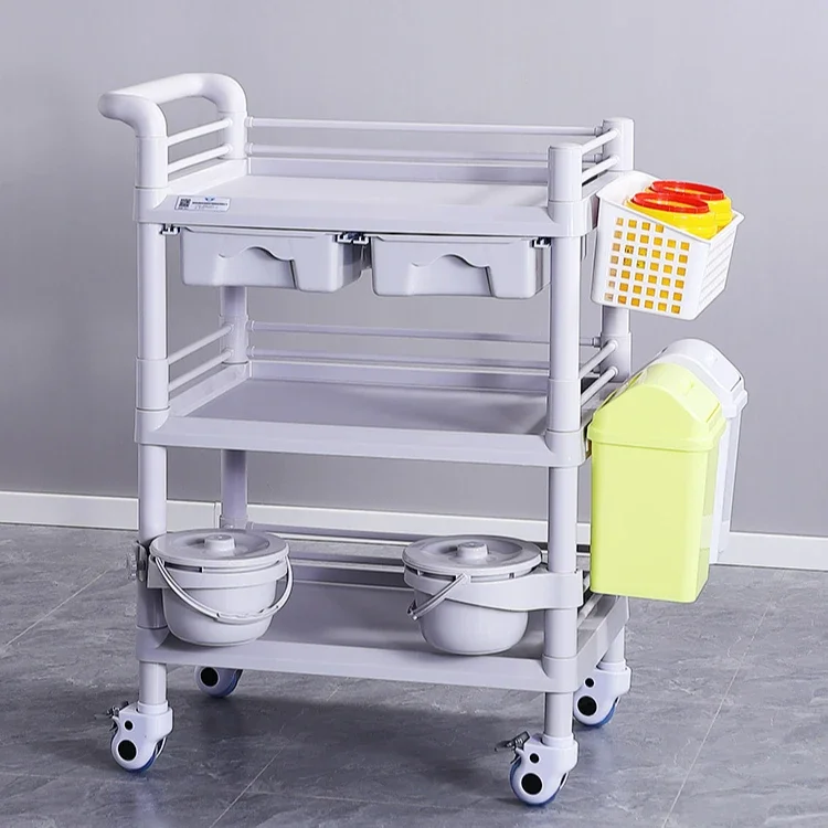 Professional factory wholesale plastic Abs trolley Multi-purpose Care Hospital Clinic three-tier with drawer