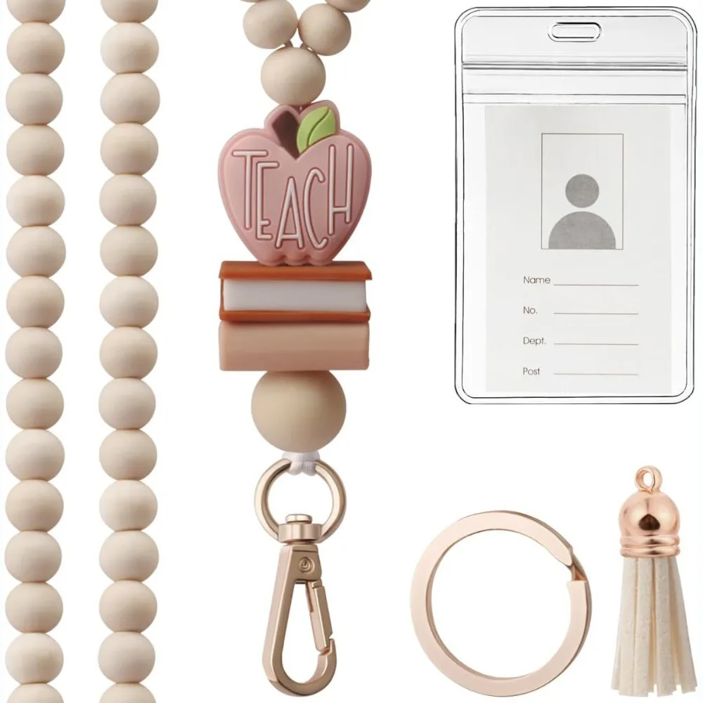 Fashion Wood Beaded Lanyard Pink Daisy Beads with Tassel Teacher Lanyard with ID Holder ID Holder Strap Keys