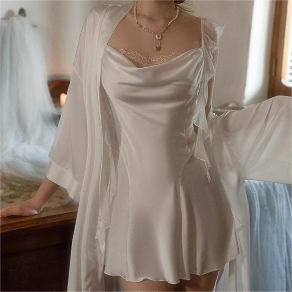 Camisón de seda de hielo con cuello oscilante para mujer, ropa de casa Sexy, pijama, bata, moda Sehe, nuevo