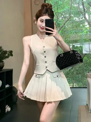 Summer French Skirt Set For Women's Light Luxury V Neck Vest + Mini Pleated Skirt Two Piece Sets Lady Fashion Casual Suits