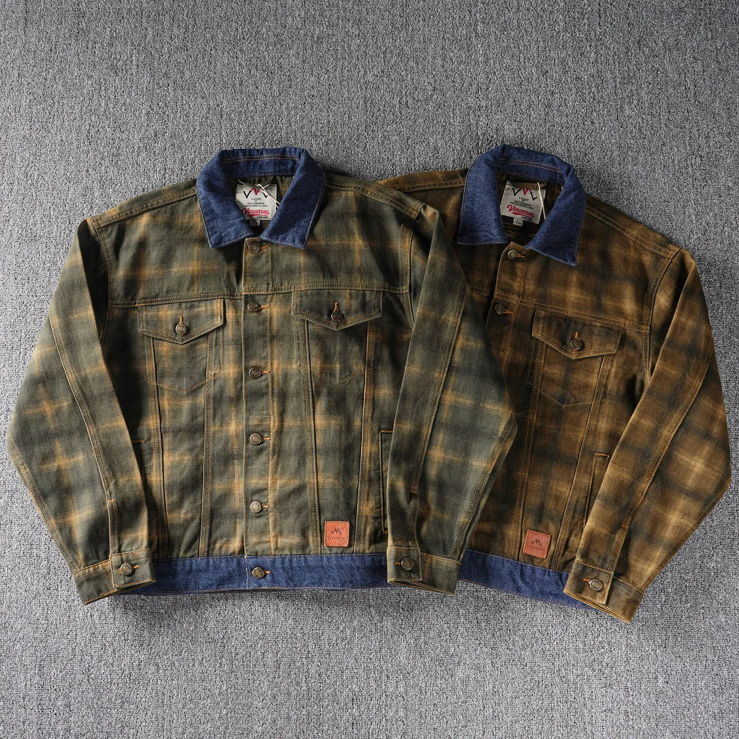 Stitching design khaki trendy American retro plaid denim jacket men's autumn lapel work jacket