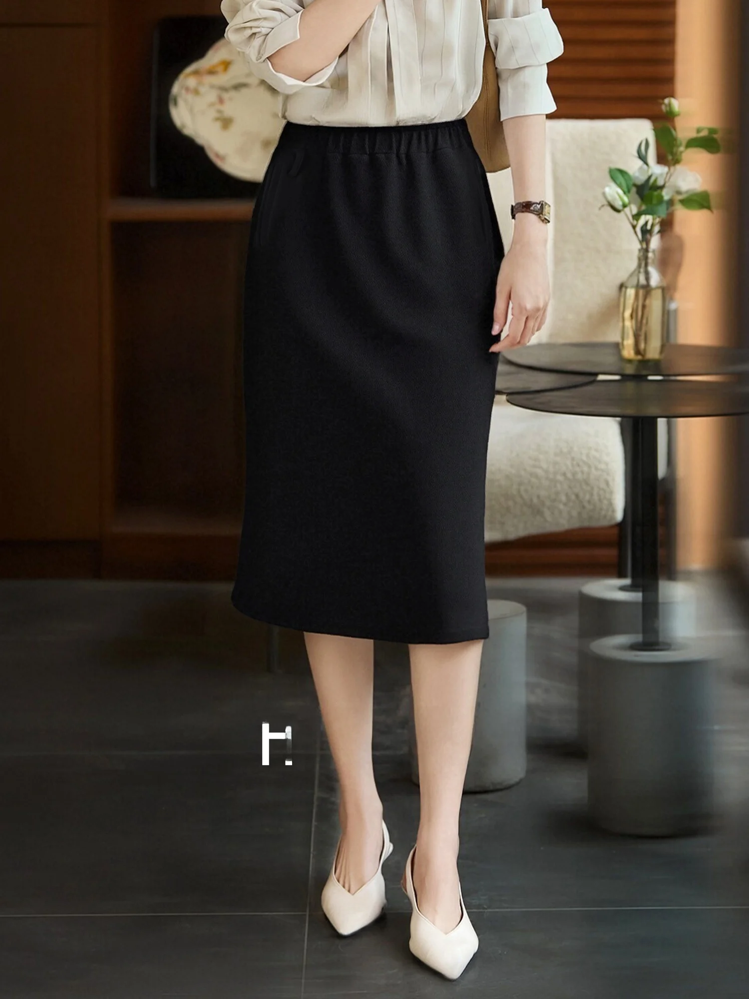 

Chivirin Commuter Classic Textured Straight Knee-Length Bla Skirt for Women High Waist Polyester Cotton Blend A-Line Skirt