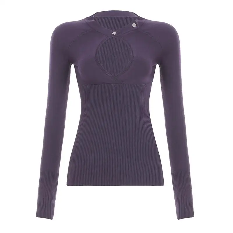 المرأة العميق الخامس الجوف خارج كم طويل سترة علوية بلون بلوفر مغزول Y2K موضة أنيقة الأساسية لخريف شتاء