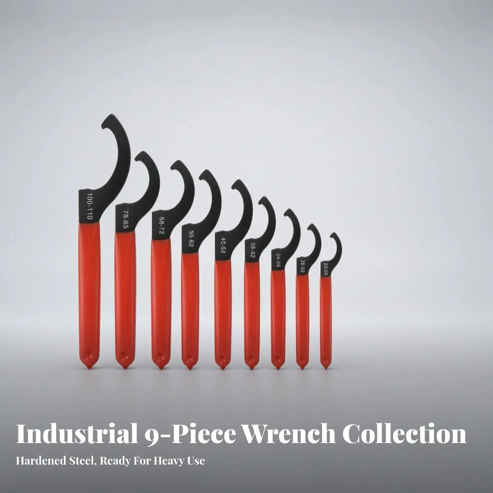 9 Pieces Hook Curved Wrench | High-Carbon Steel, Clear Marked Size Labeling, Hook Wrench with Anti-Slip Grip, for Machinery