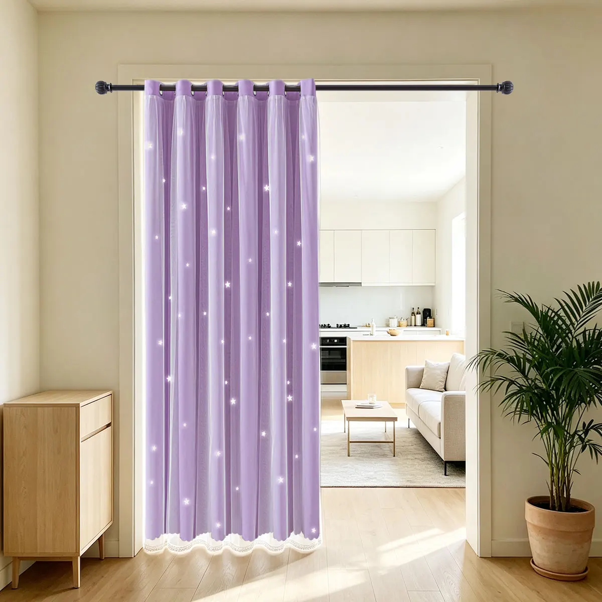 Lavender Double Layer Hollow Out Grommet Curtain 1 Panel, Star Cutout Lace Sheer, Scalloped Lace Edge Window Drape for Room