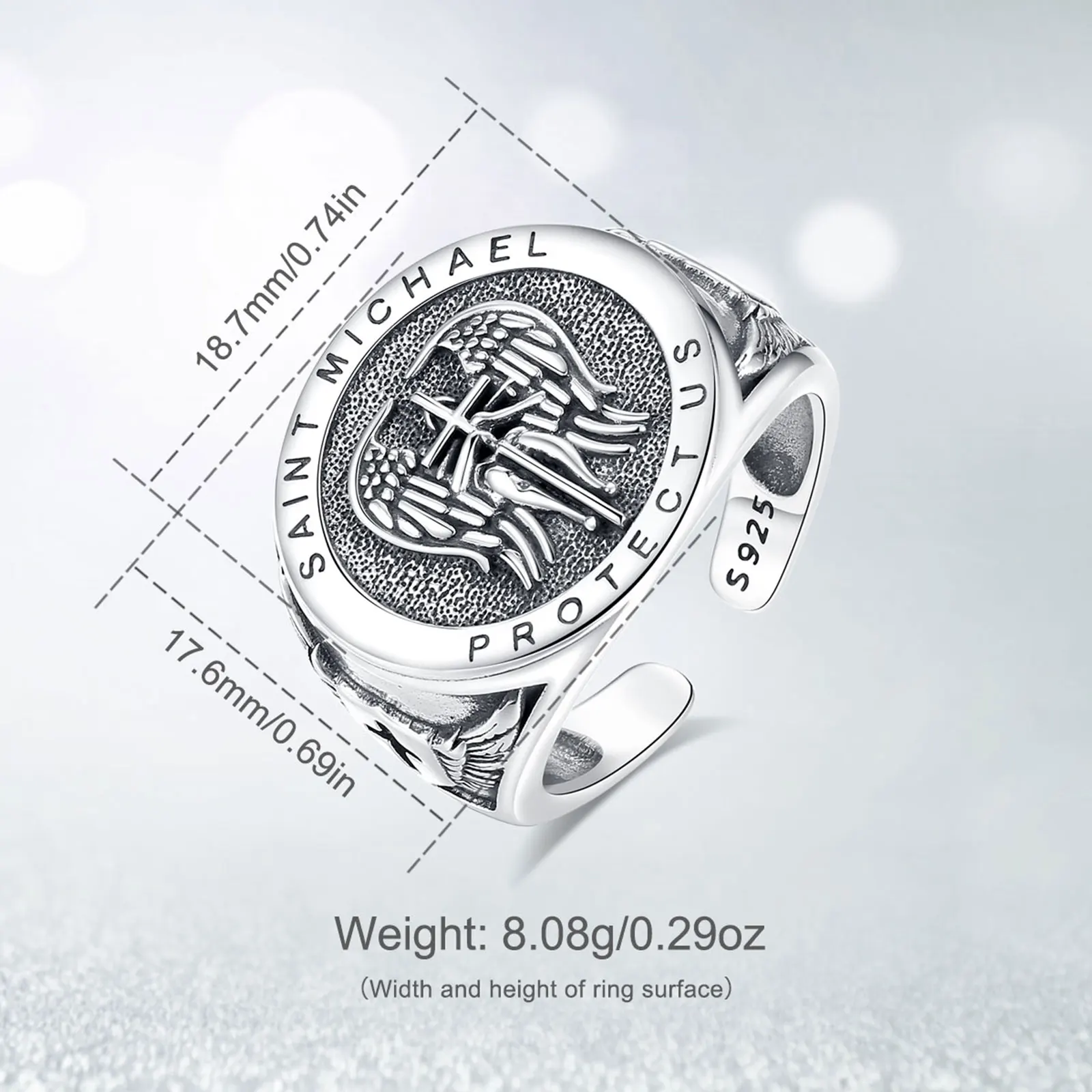 Eudora 925 Sterling Silver Saint Michael Adjustable Ring Archangel Amulet Cross Ring Christian Jewelry Gift for Men Women