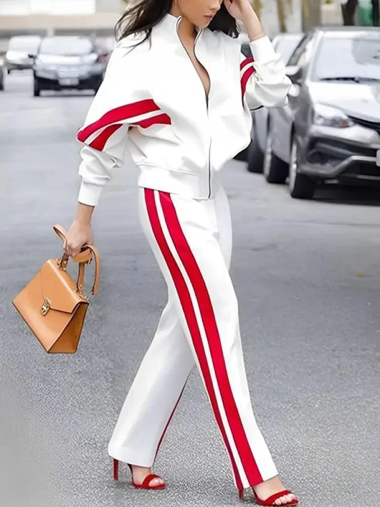 

UOOZEE Women's Casual Two Piece Sets Fashion Striped Tand Collar Jackets & Elastic High Waist Straight Leg Pants Suits 2024 New