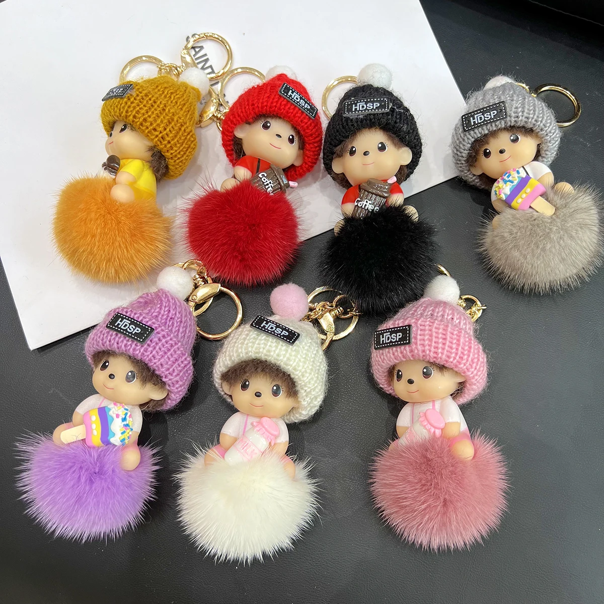 

Cute Doll Keychain Real MInk Fur Pompom Car Keyring Holder Car Bag Charm Pendant Soft Mini Baby Bag Accerssories