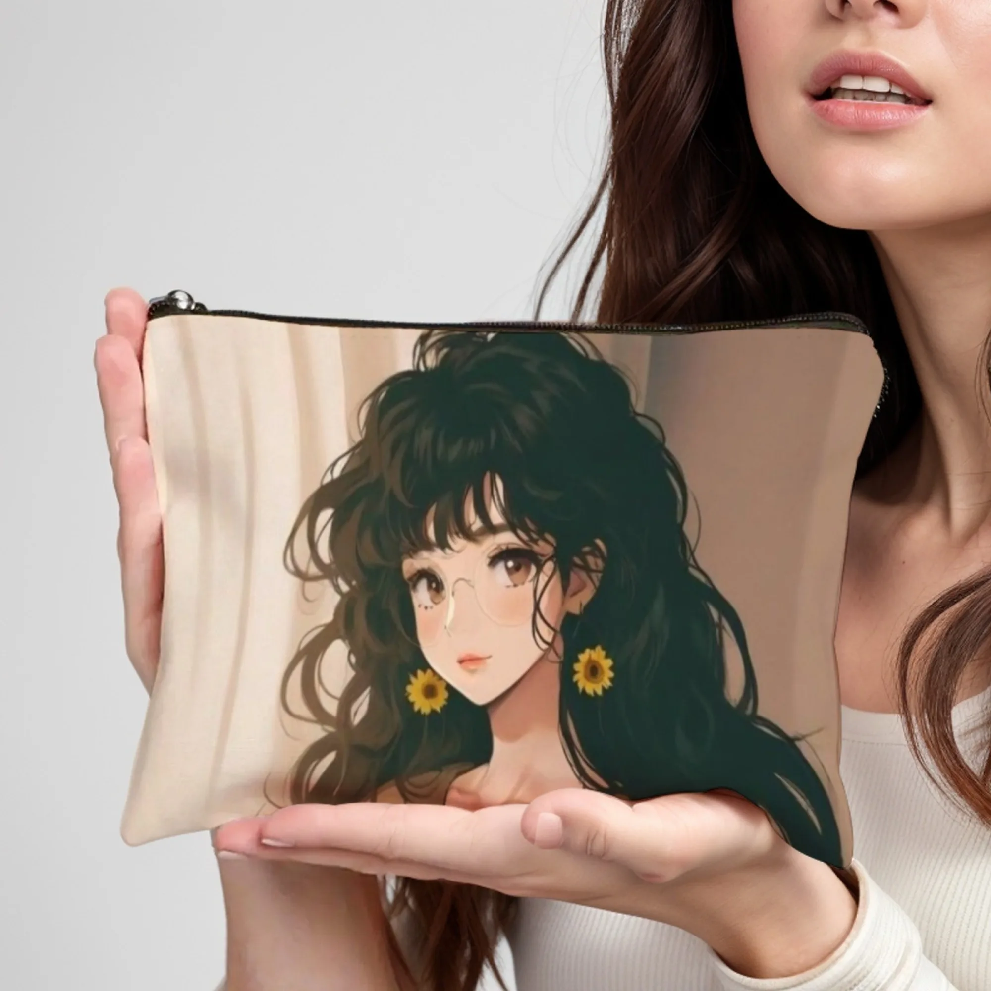 

Animated Girl with Curly Hair Stylish Zippered Makeup Bag Portable Cosmetic Case with Mirror Durable Travel Toiletry Bag