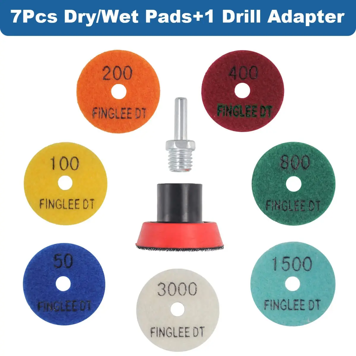 2 Inch Diamond Polishing Pads with 7Pcs Dry Wet Granite Stone Polish Pad Kit for Drill，50-3000 Grit Polishing Pad(7Pcs Dry/Wet )