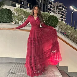 Cathy Red V-neck Tulle Prom Dresses A-line Long Sleeves فساتين السهرة Elegant Floor-length Tiered Ruffle Vestidos De Noche 2024