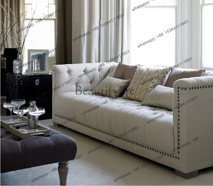 American retro fabric leather art, European model room soft bag buckle single double three-person sofa