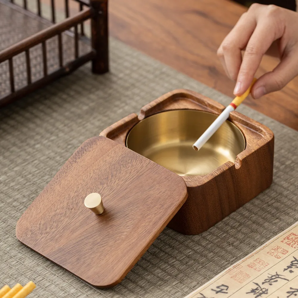 Creative Luxury Walnut Solid Wood Ashtray Stainless Steel Liner with Cover Anti-fly Ash Storage Box Home Living Room Decoration