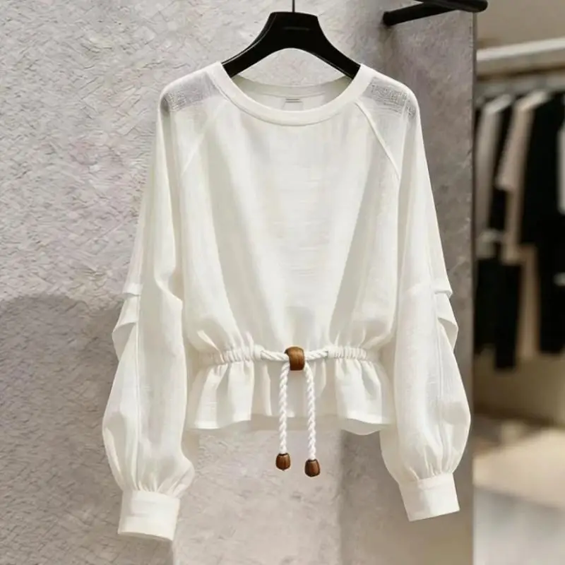 2026Spring Summer Newgentle Style Niche Pullover Round Neck Small Shirt with Waist Cinching Tie Up Stylish Versatile Tshirt Tops