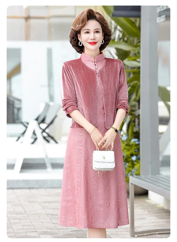 New Fashionable Red Lace Dress 2-piece Set For Middle-aged Women\'s Clothing Long Dress Over Knees For Wedding Banquet