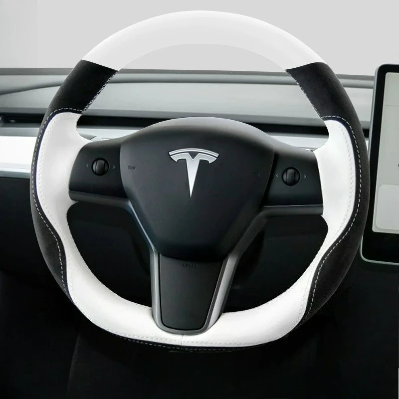 Hand Stitched renovate wear-resistant Non-slip black White yellow leather car Steering wheel cover For Tesla Model 3 / Model Y