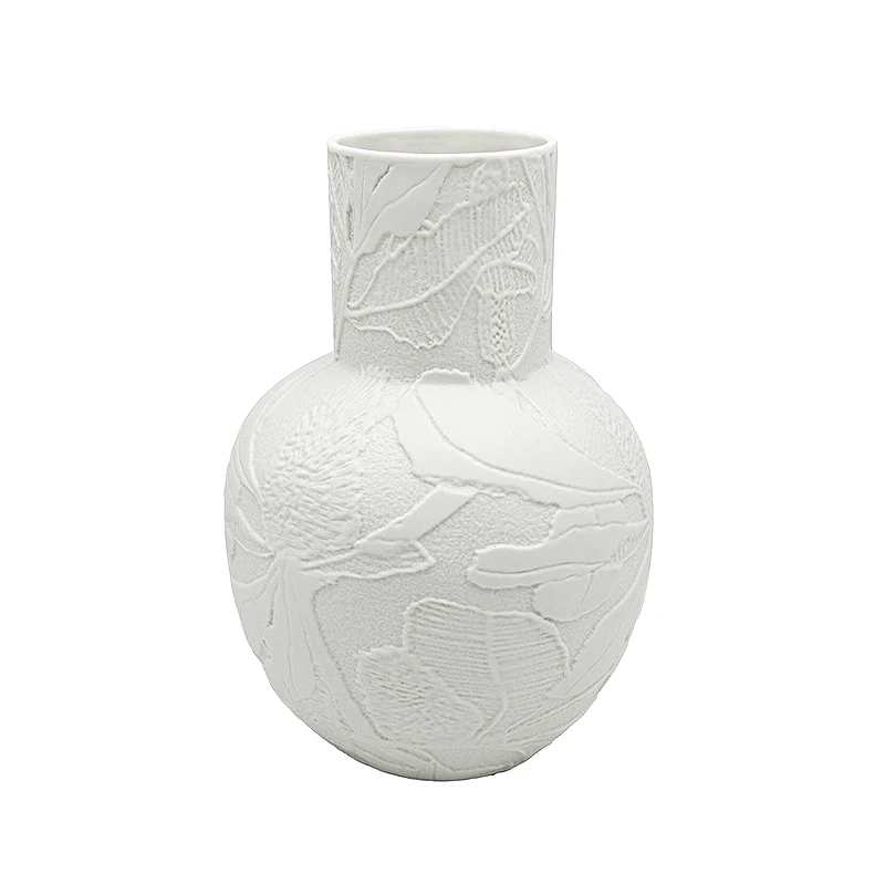 *-*Modern wabi-sabi style white relief ceramic vase, flower hydroponic vase, living room  entrance decoration ornament.