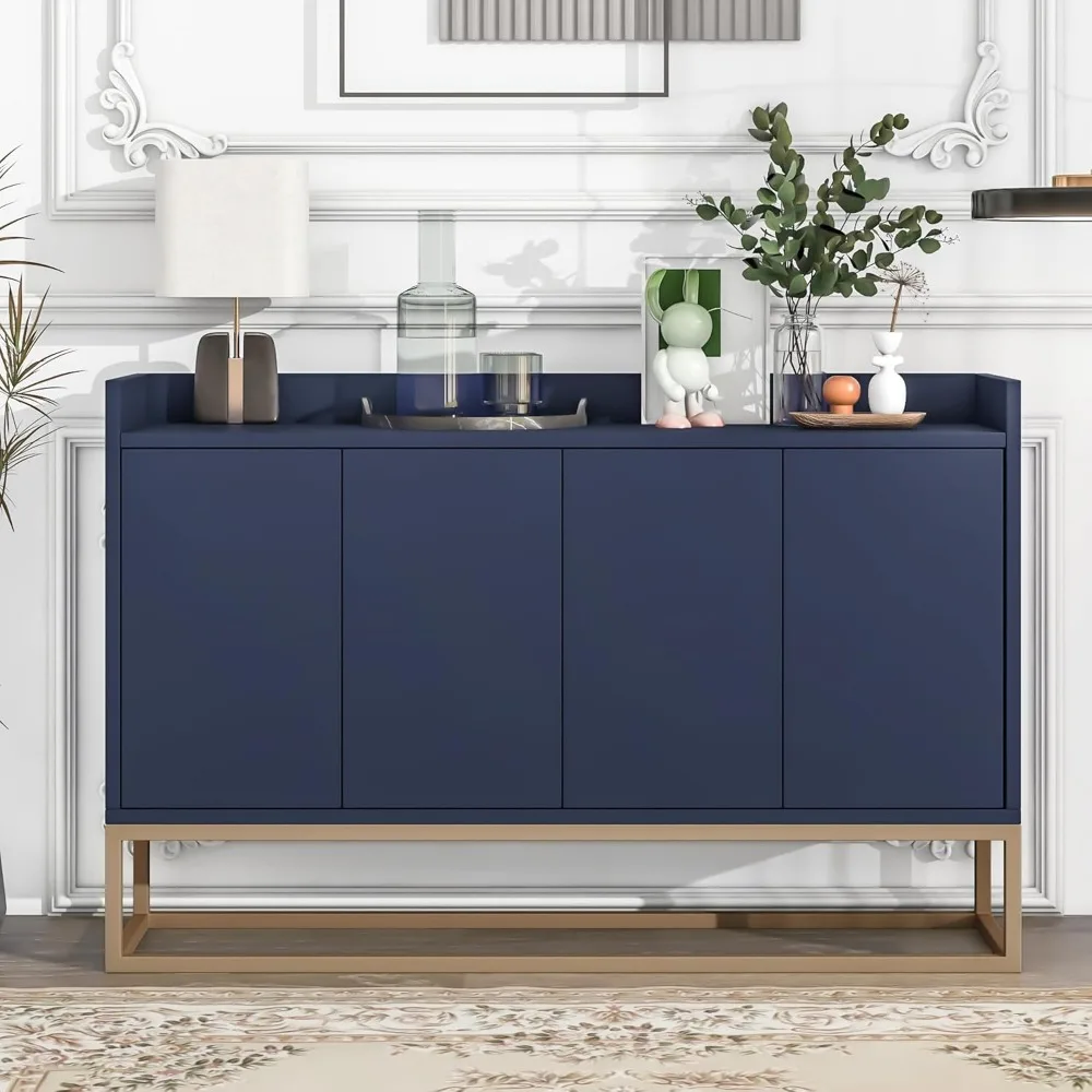 خزانة بوفيه جانبية، خزانة تخزين حديثة مع 4 أبواب وقاعدة معدنية، طاولة وحدة تحكم خشبية مع مساحة تخزين لغرفة الطعام،