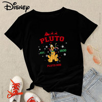 Women Christmas Clothes Aesthetic Cute Disney Pluto Print T-shirt Black Short Sleeve Basic Tops Xmas Gift Fashion Blouses 2023