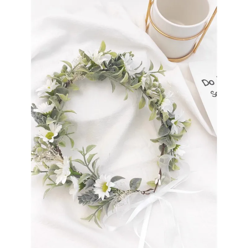 Flower Wreath Versatile Spring Outing Decoration Hair Planting Simulation, Green Leaves Chamomile Daisy Flower Headwear