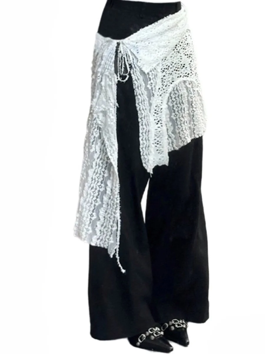 Korean Sle White Lace Trim f Skirt with Apron Hollow out Design Women's Faion Commute A-Line ort Skirt