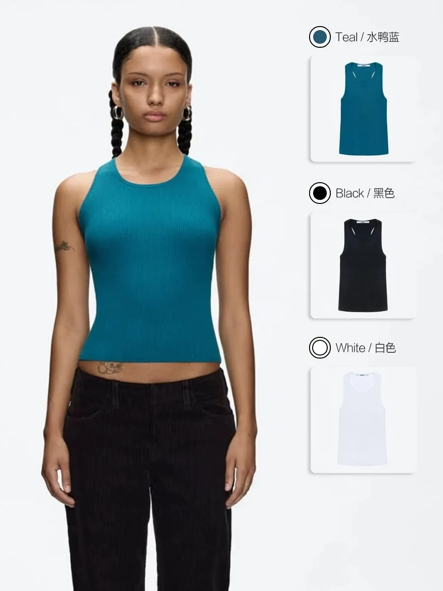 

Tank peacock blue round neck tank top with black and white knitted suspender, slim fitting and slimming, solid color top