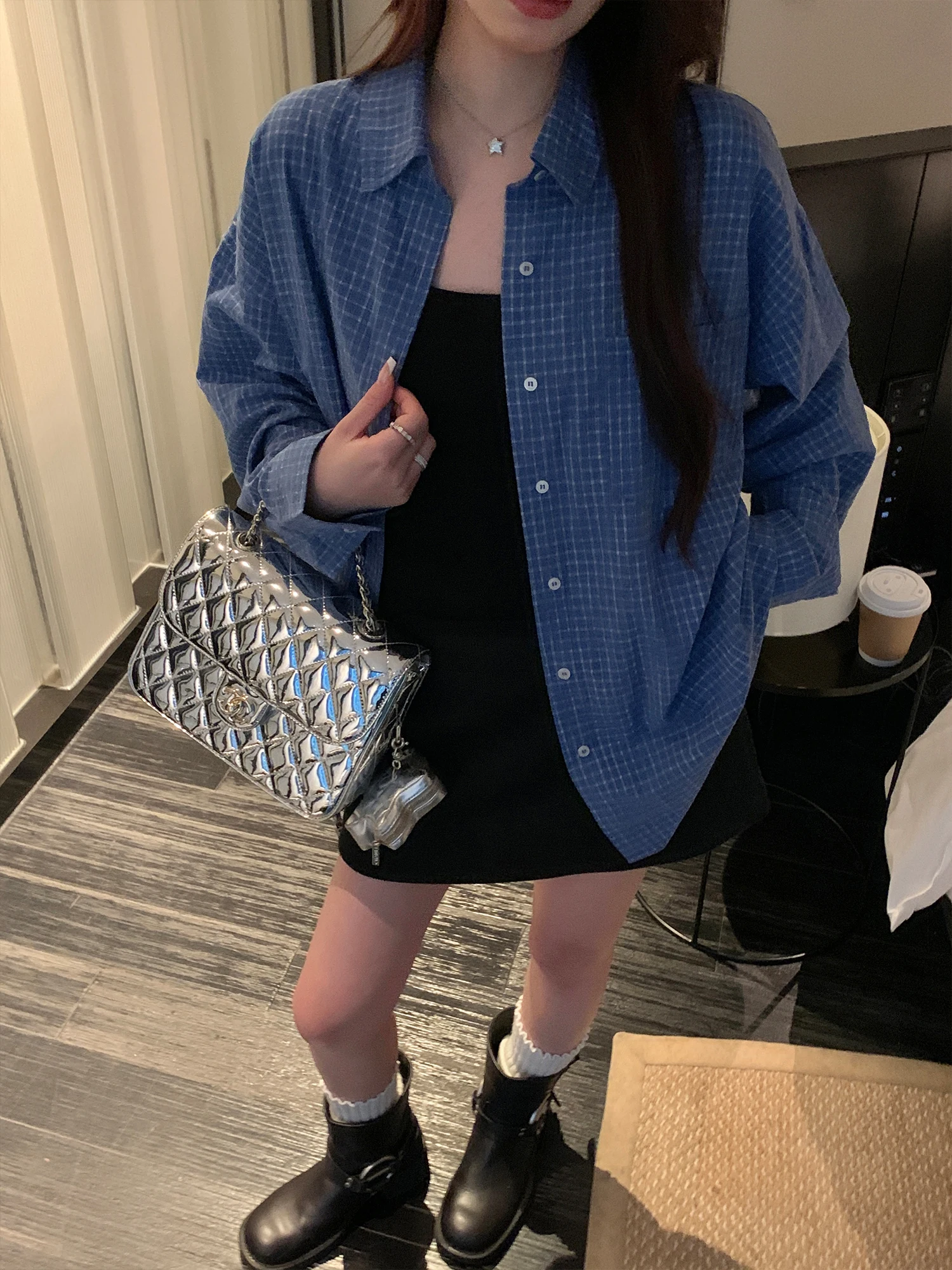 

Loose Long Sve Color Woven Plaid Women's irt Spring New Sle Commute Casual Blue Cotton Polyester Blend Busin irt