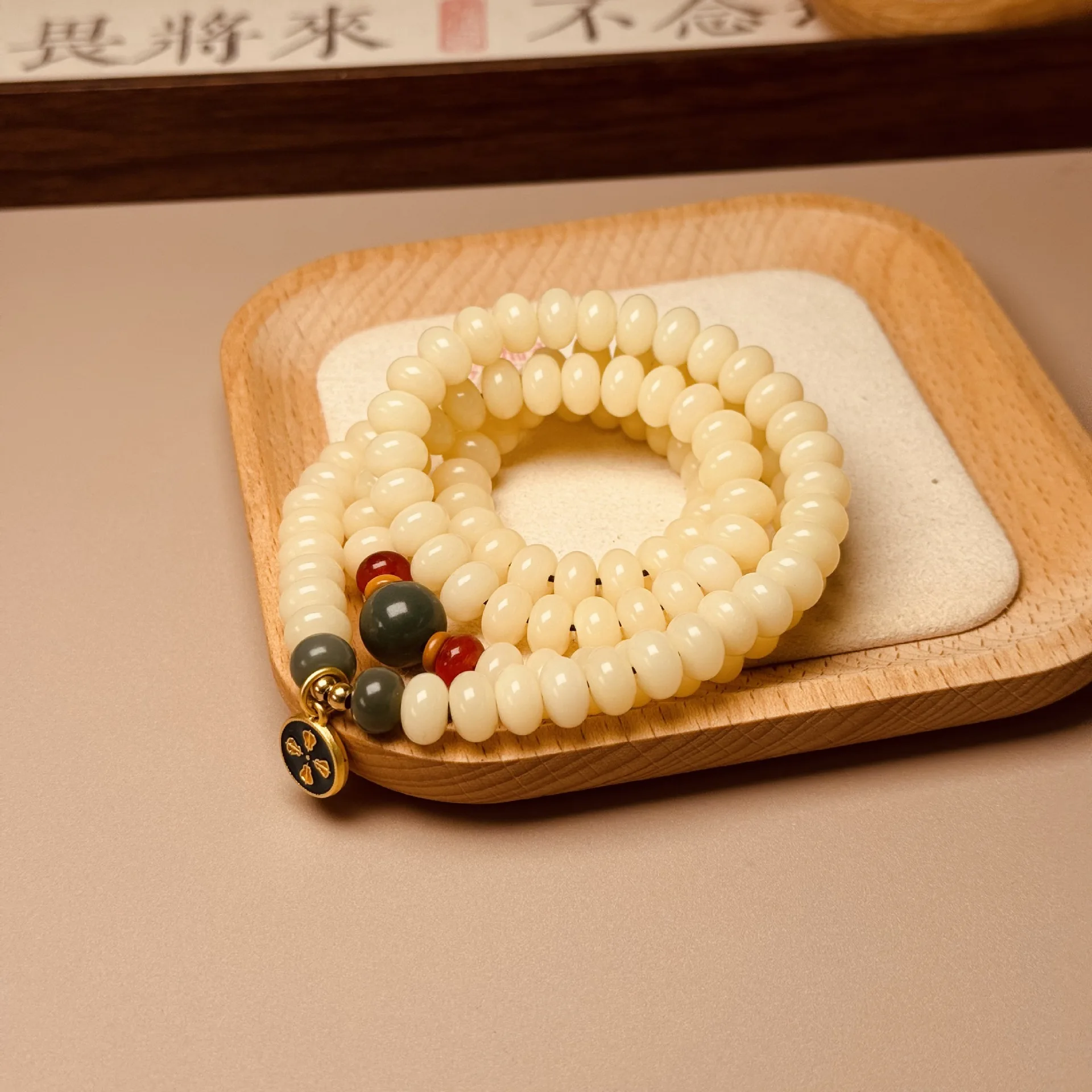 Pulsera de Cuentas de Raíz de Bodhi Genuinas Naturales, Color Crema Amarillo, 9x6mm, con Diseño de Ábaco y Vainas de Loto, para Mujer, Regalo de Cuentas de Oración Wenwan