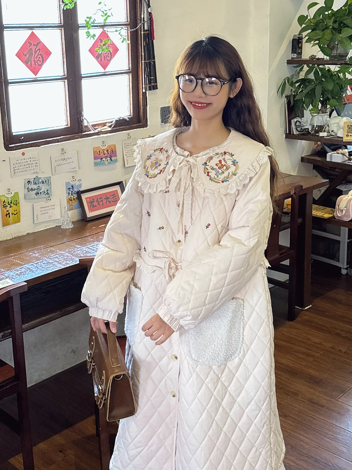 Women Vintage Retro Chic Winter Cotton Liner Quilted Long Coat Harajuku Sweet Lace Embroidery Fleece Kawaii Cottagecore Coat