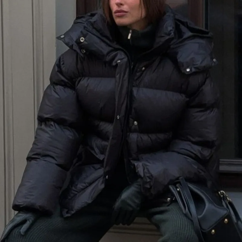 HKSH 2025 hiver nouveau manteau rembourré pour femme à capuche poches zippées couleur unie polyvalent foncé élégant Ins chaud ouaté veste HK14923