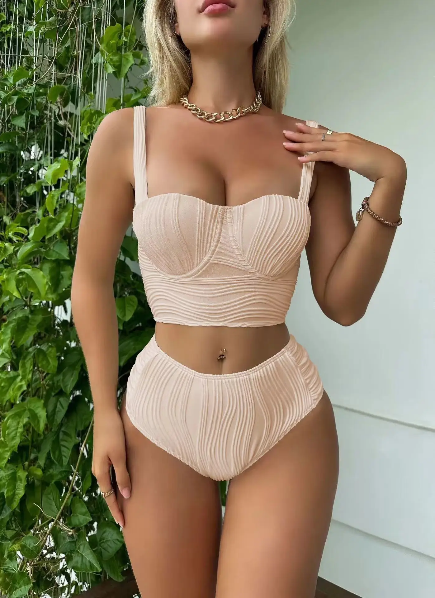 2024 New Wrinkled Underwired Female Swimsuit High Waist Bikini Women Swimwear Solid Bikini Set Bather Bathing Suit Swim Female